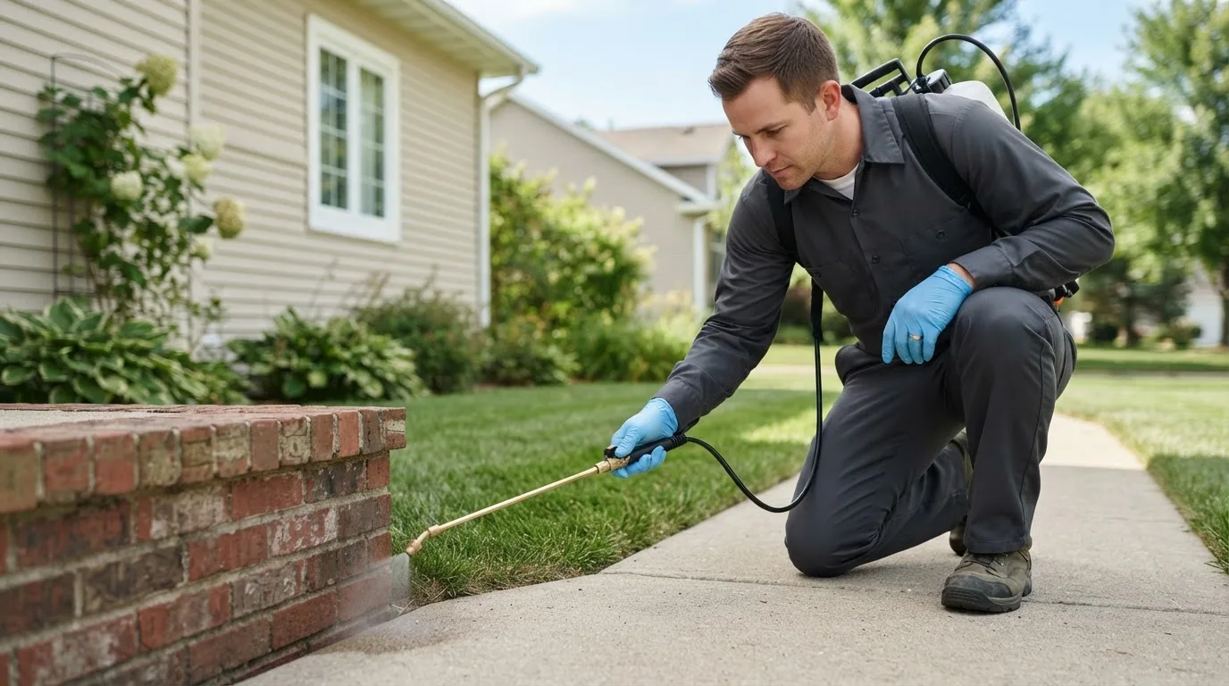 Pest control technician treating a home near Hillsborough, NH